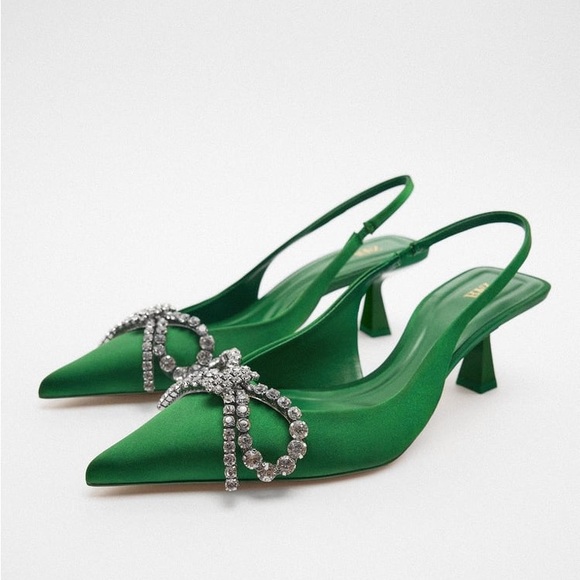 Zara Green Embellished Bow Heeled Slingback - Picture 9 of 17